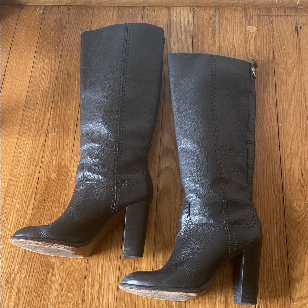 TORY BURCH black leather boots high heel knee high tall size 8